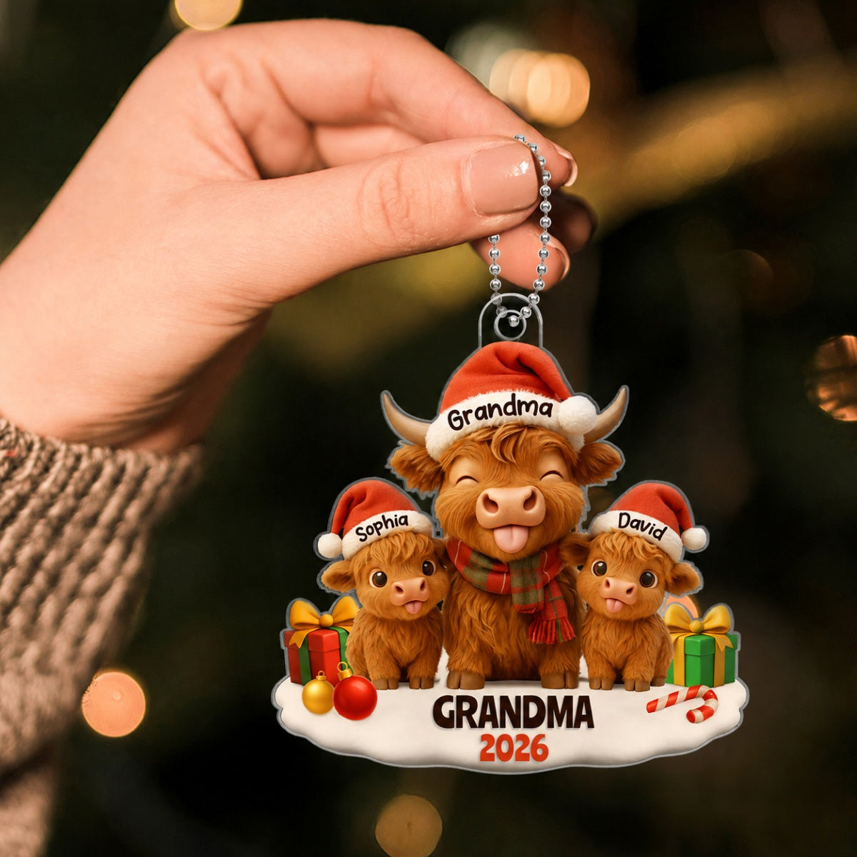 Grandma Grandkids Highland Cow Personalized Acrylic Ornament, Christmas Gift for Grandma, Grandkids