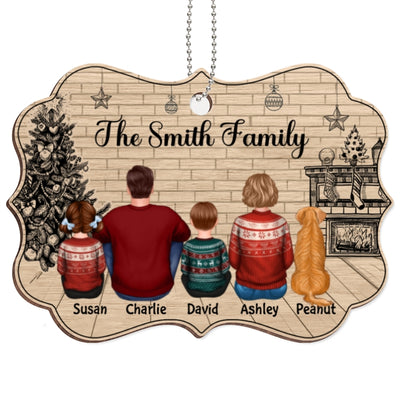Christmas Sketch Background Family Dad Mom Kids Dogs Cats Personalized Wooden Ornament