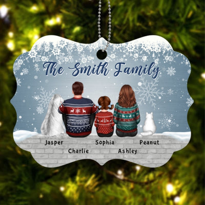 Family Dad Mom Kids Dogs Cats Snow Background Personalized Wooden Ornament