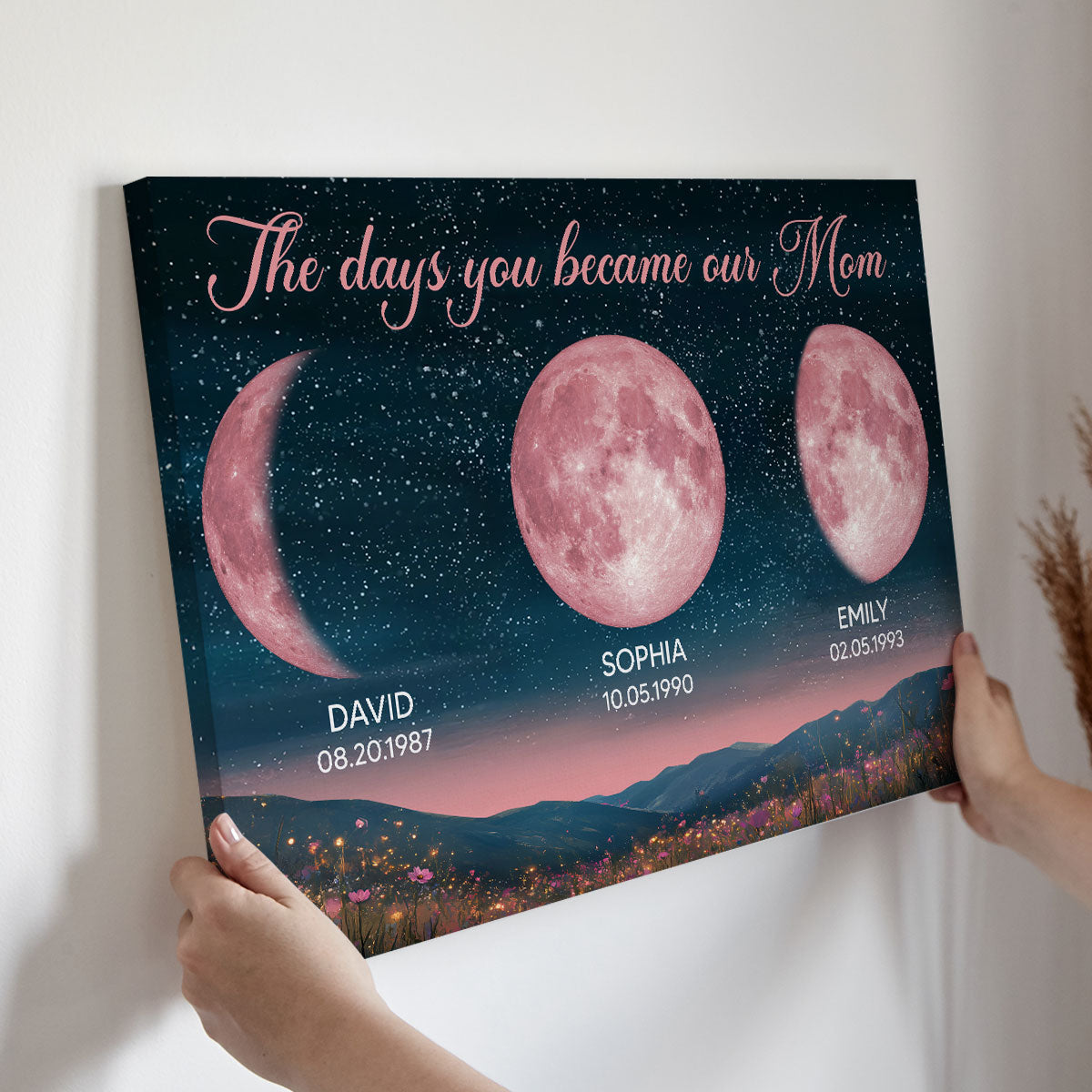 Pink Moon Phase Custom Birth Moon Beautiful Hill At Night Personalized Canvas, Gift