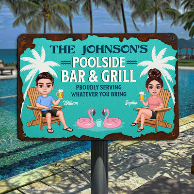 Summer Family Couple Poolside Bar & Grill Teal Color Personalized Metal Sign