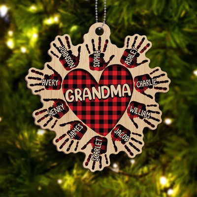 Grandma Heart Handprint Checkered Personalized Wooden Ornament