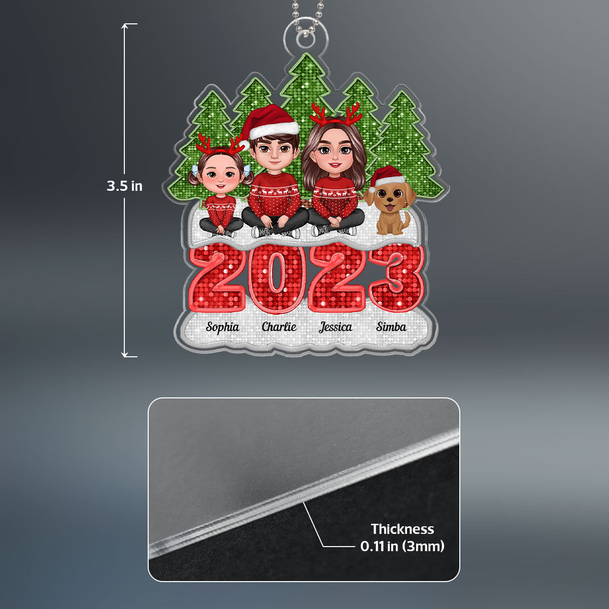 Faux Sequins Family Sitting On 2023 Christmas Tree Line Personalized Acrylic Ornament