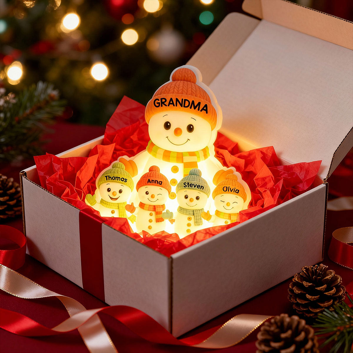 Pastel Color Christmas Grandma Grandkids Snowman Together - Personalized Light Box