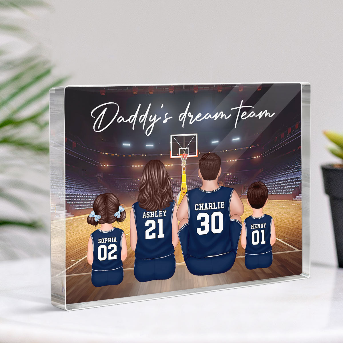 Daddy's Team Basketball Family Sitting Personalized Acrylic Block, Unique Father's Day Gift for Dad, Gift for Husband