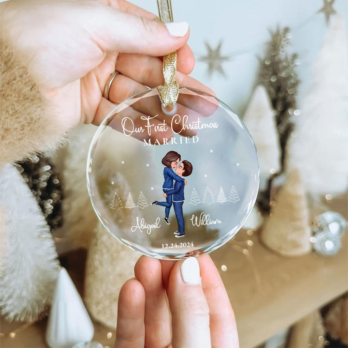 Our First Christmas Engaged Married, Newly Engaged Married Couple Personalized Glass Ornament