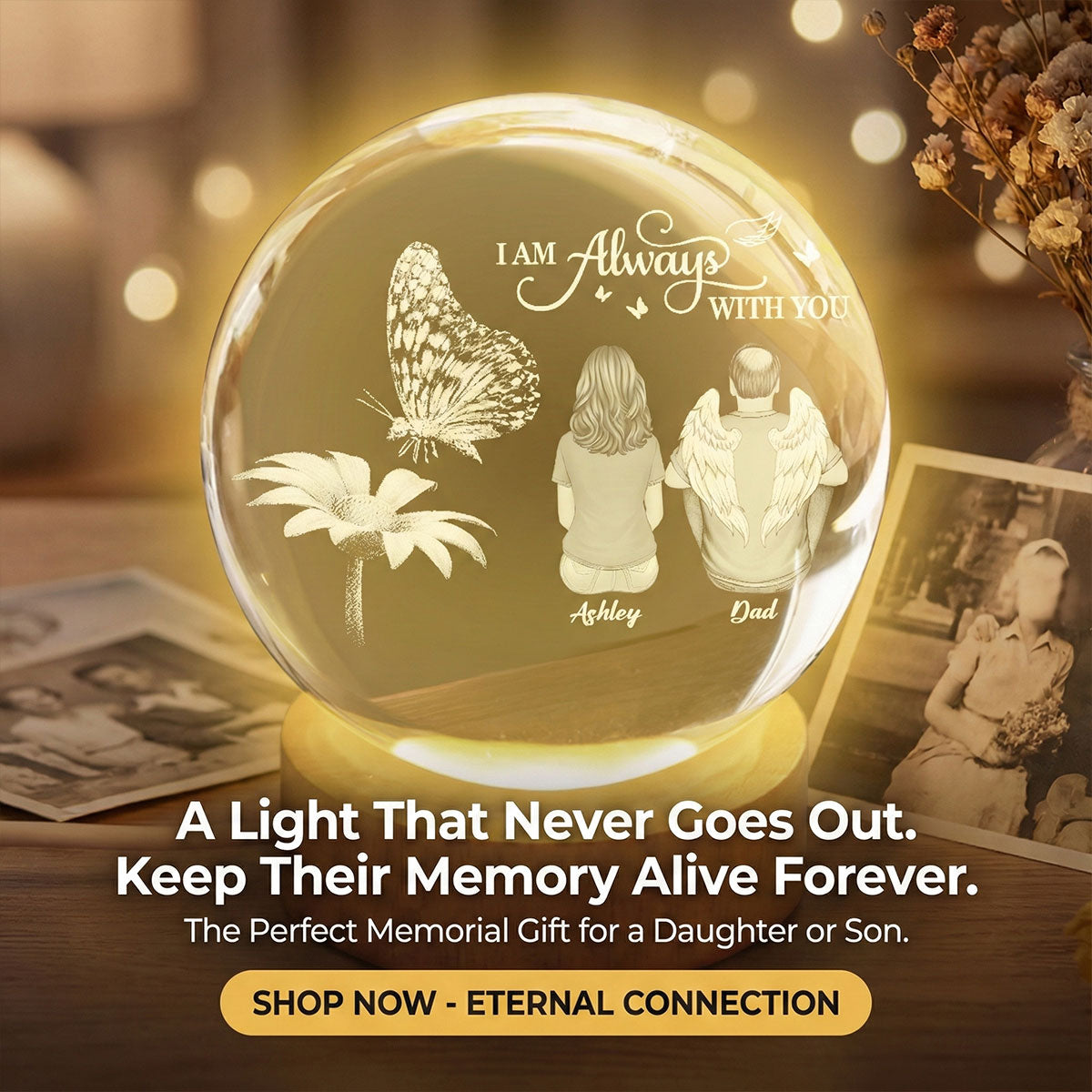 Always With You Family Back View Butterfly On Daisy - Personalized Crystal Ball LED Night Light - Memorial Remembrance Keepsake