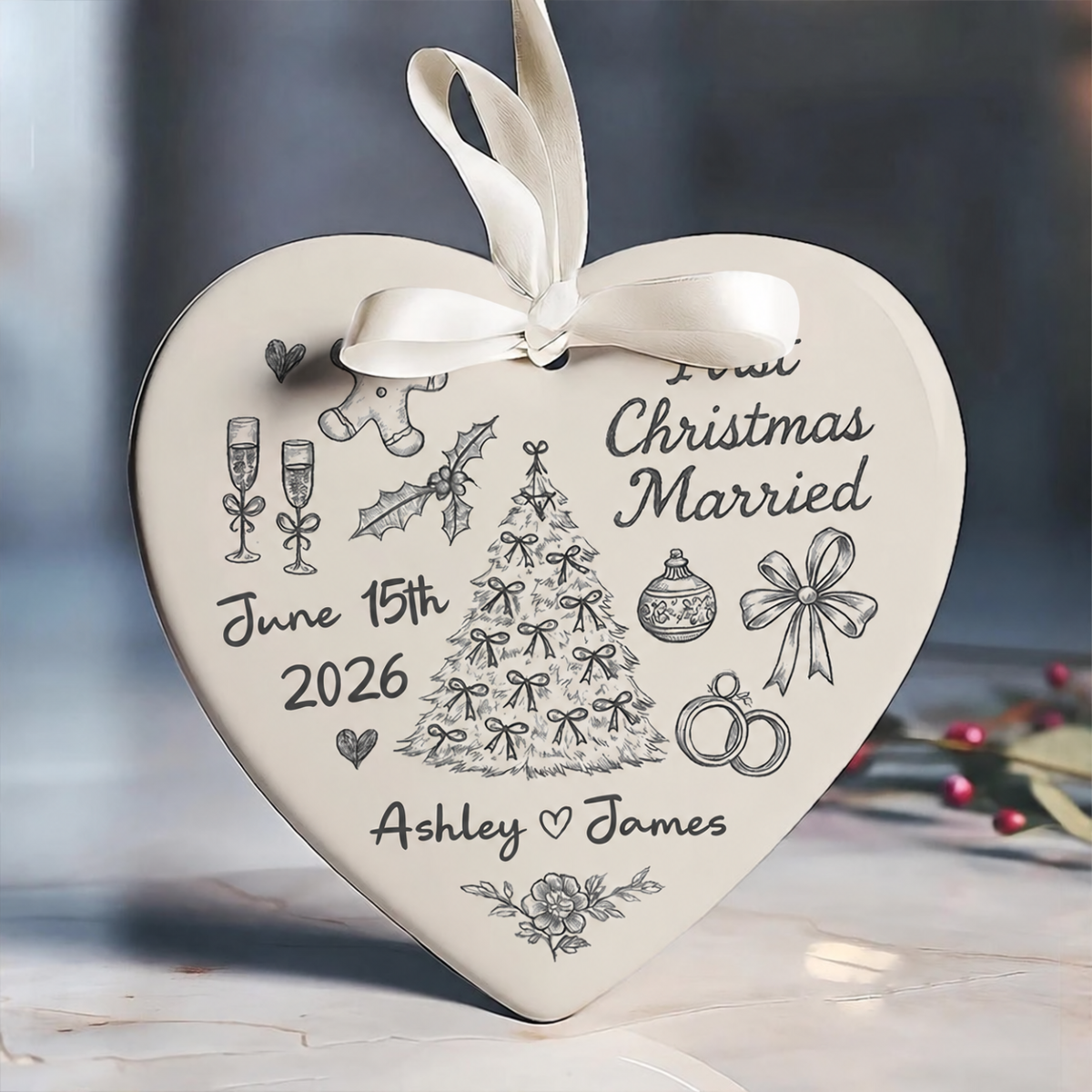 First Christmas Married Toile De Jouy Pattern - Personalized Ceramic Ornament - Christmas Gift For Him, For Her, For Couple