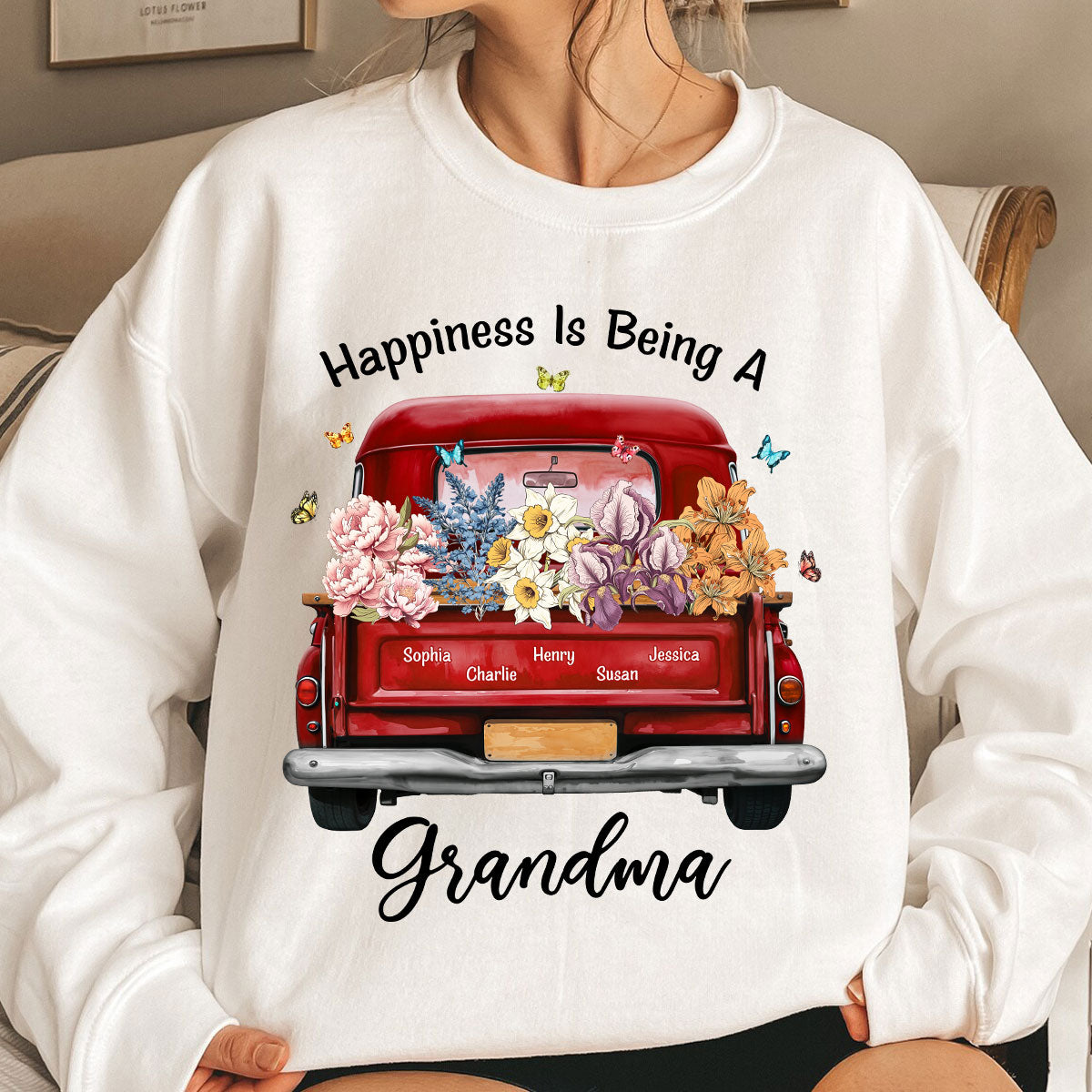 Happiness Is Being A Grandma Mom Birth Month Flowers Truck Personalized Shirt, Mother's Day gift for Moms, Grandmas