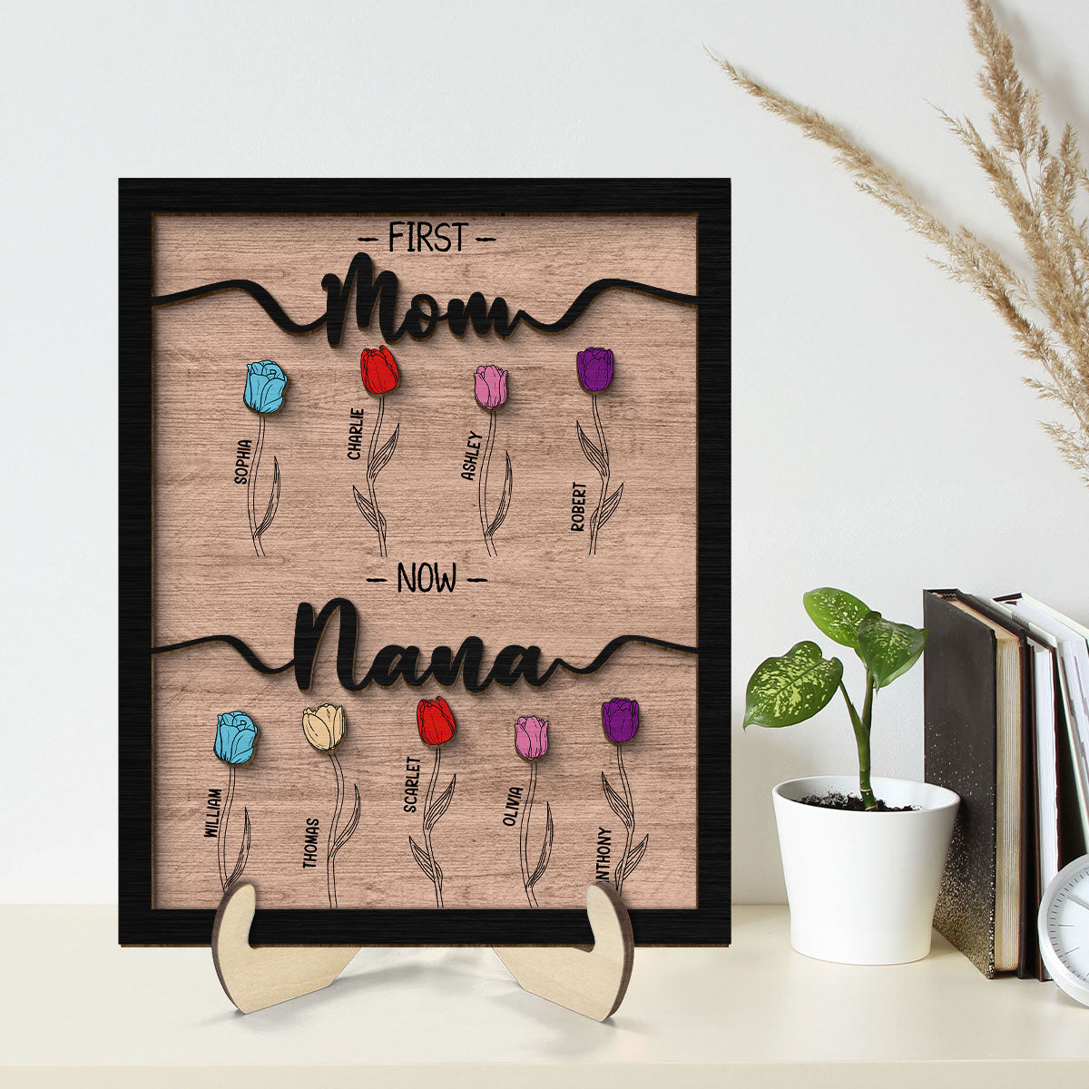 First Mom Now Grandma Tulip Flowers Gift For Grandma Personalized 2-Layer Wooden Plaque