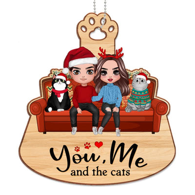 Couple & Cats On Sofa Simple Personalized Wooden Ornament