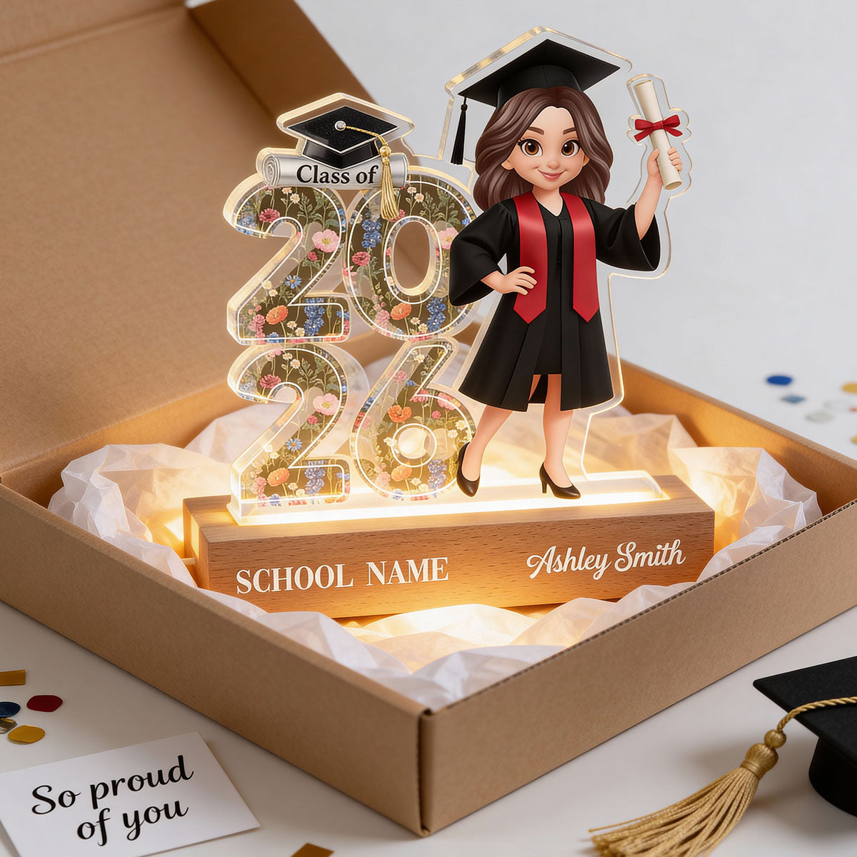 Class Of 2026 2027 Senior Floral - Personalized Acrylic Block LED Night Light - Graduation Gift For Graduates, Daughter