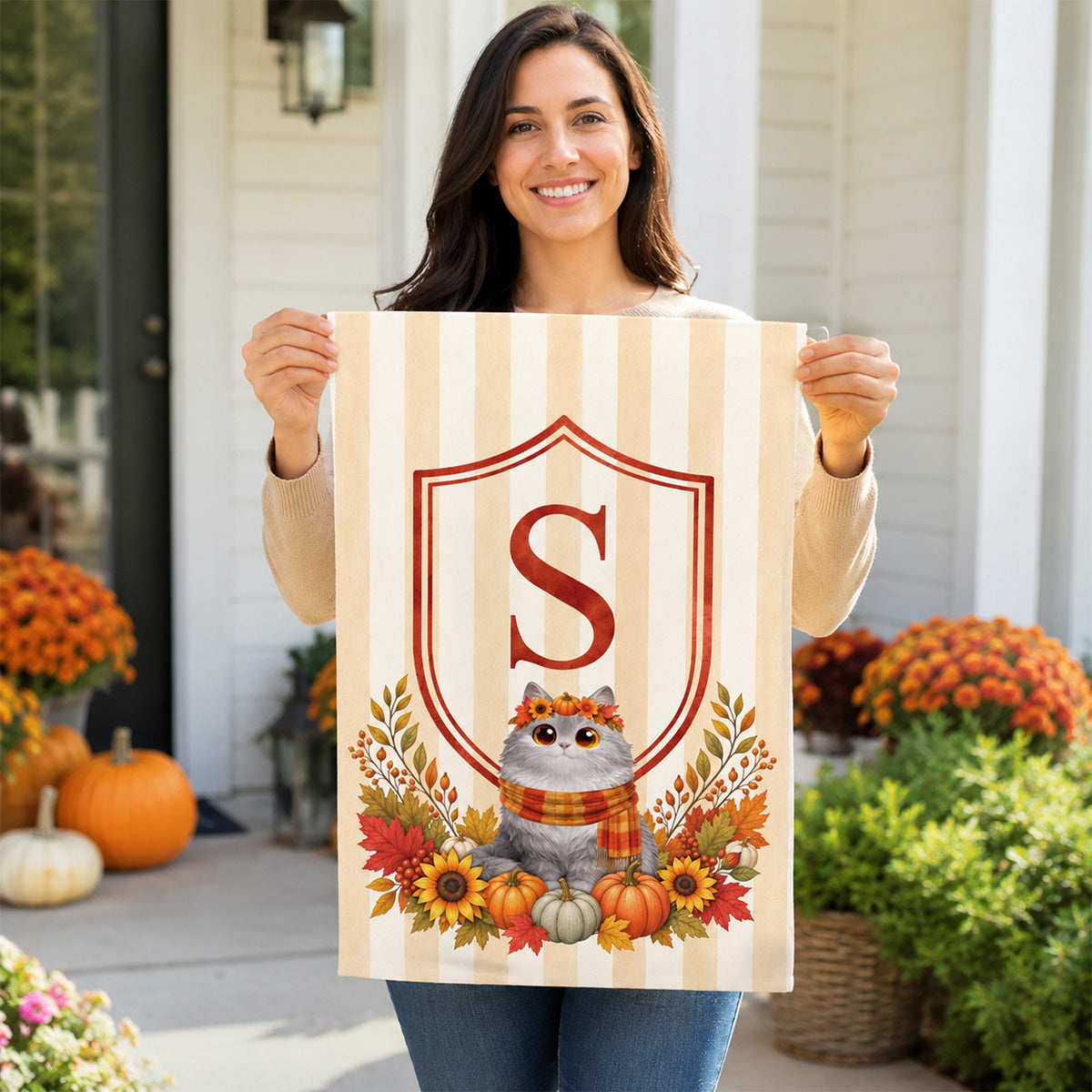 Fall Season Monogram Initial Family Cat Lovers - Personalized Garden Flag, Hydrangea Shield