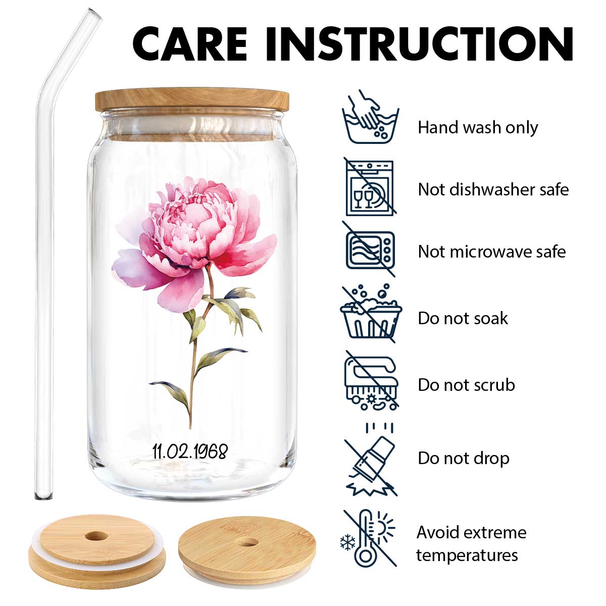 Beautiful Birth Month Flower Mother‘s Day Birthday Gift For Grandma Mom Women Personalized Clear Glass Can