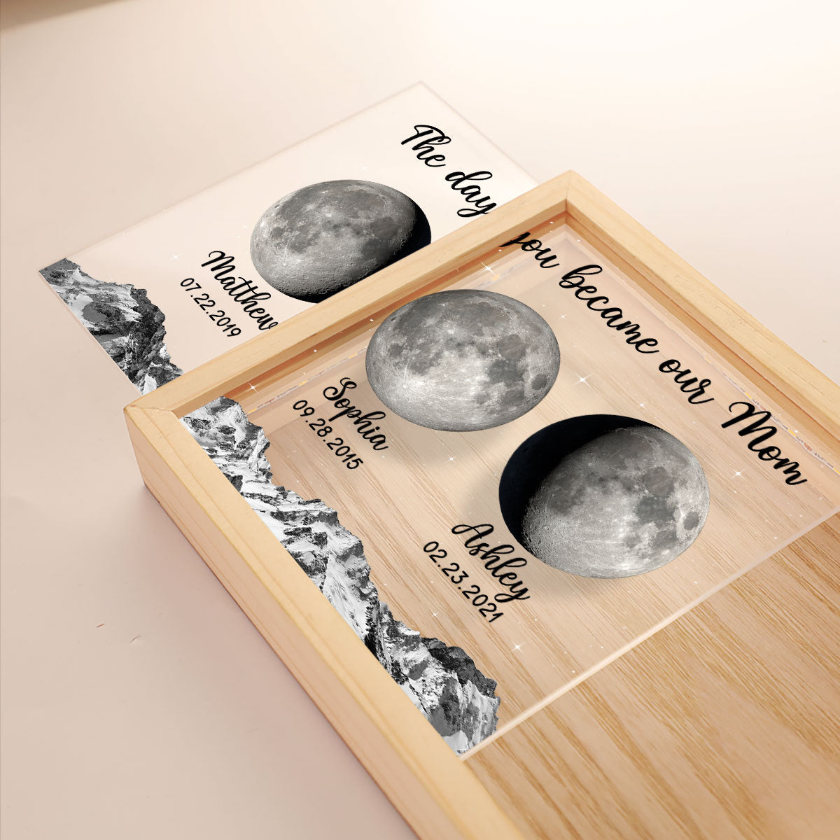 The Day You Became Mom Grandma Custom Birth Moon Phase Personalized Wooden Frame Light Box, Gift