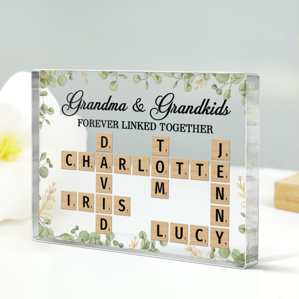 Grandma Grandpa Grandparents & Grandkids Forever Linked Together Crossword Puzzle Personalized Rectangle Acrylic Block