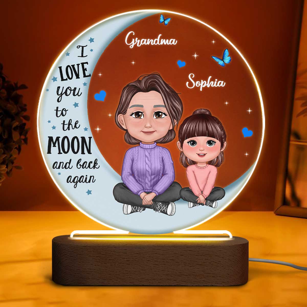 Grandma Grandkid Crossed Legs Blue Moon Personalized Circle Plaque With LED Night Light