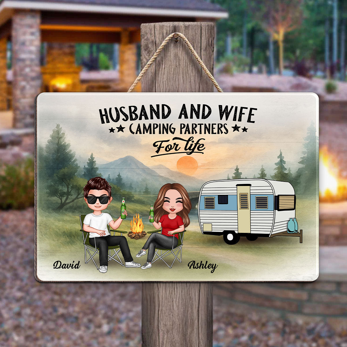 Doll Camping Couple Mountain Personalized Wood Sign
