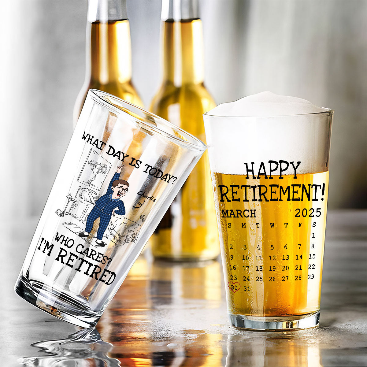 What Day Is Today Who Cares Funny Retired Old Man Woman Custom Calendar Personalized Beer Glass, Retirement Gift