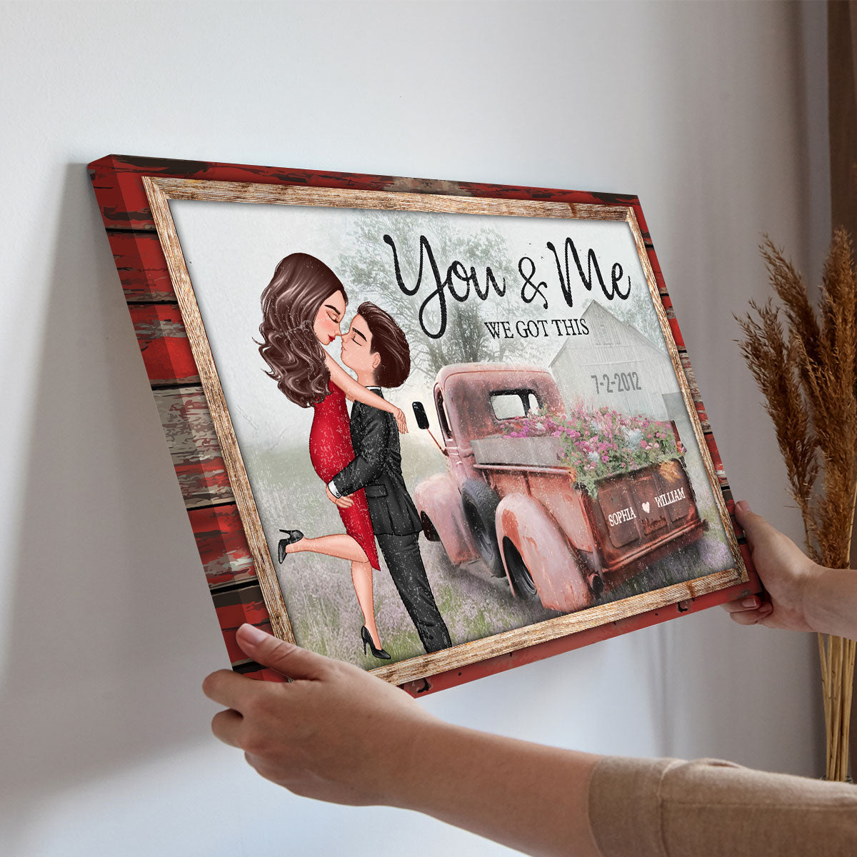 Red Vintage Truck Farmhouse Couple Hugging Kissing Personalized Canvas Print, Anniversary  Gift For Him, For Her