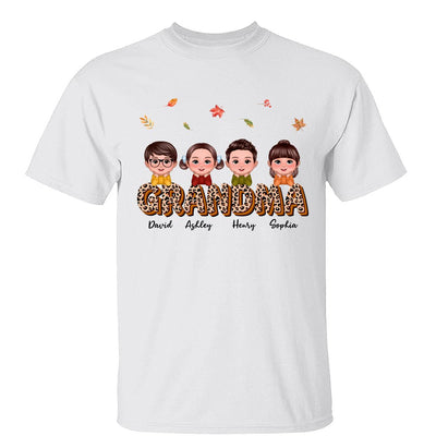Fall Season Grandma Mom Kids On Text Leopard Personalized Shirt