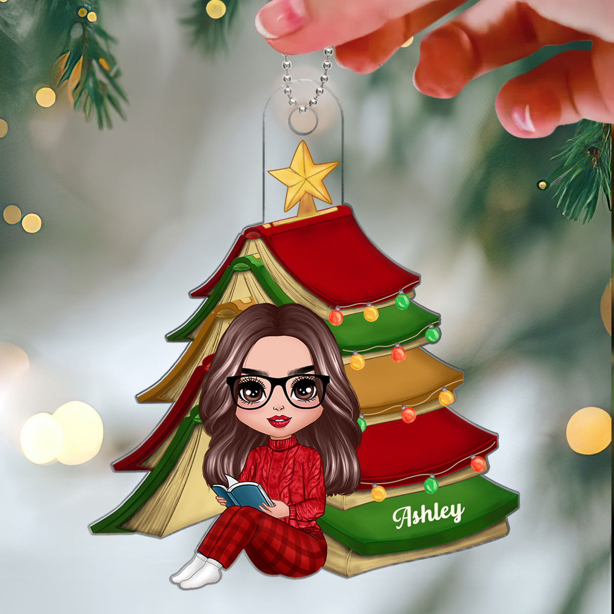 Christmas Book Tree Reading Girl Sitting Personalized Acrylic Ornament