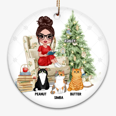 Girl Reading With Cats Christmas Personalized Circle Ornament