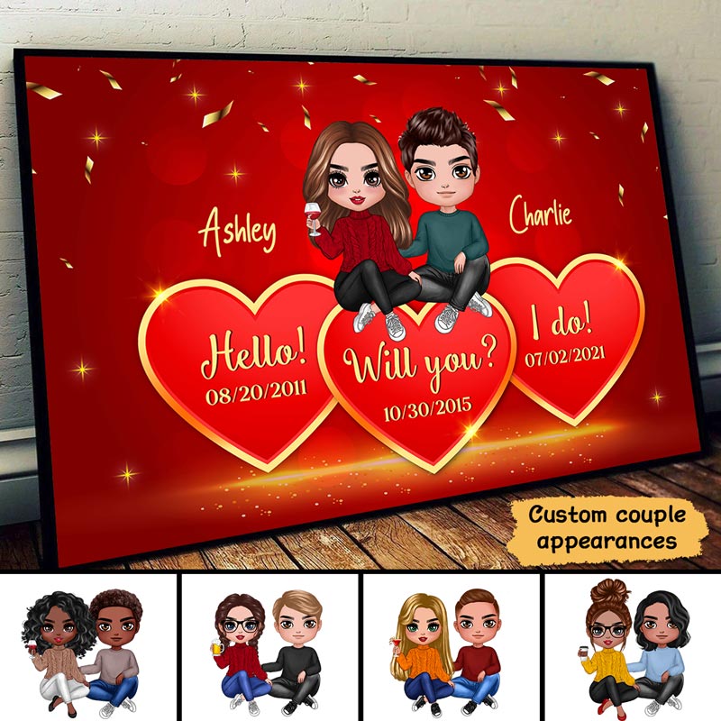 Couple Sitting On Hearts Anniversary Valentine‘s Day Gift For Him For Her Personalized Poster