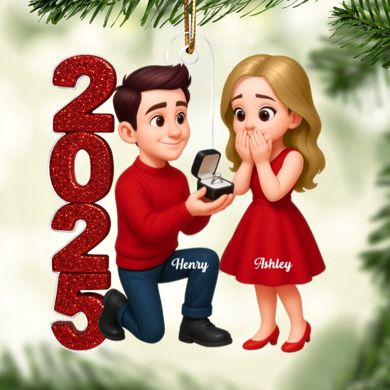 3D Glitter Effect 2025 Marriage Proposal Couple - Personalized Acrylic Ornament - Newly Engaged Gift, "She Said Yes!" Ornament