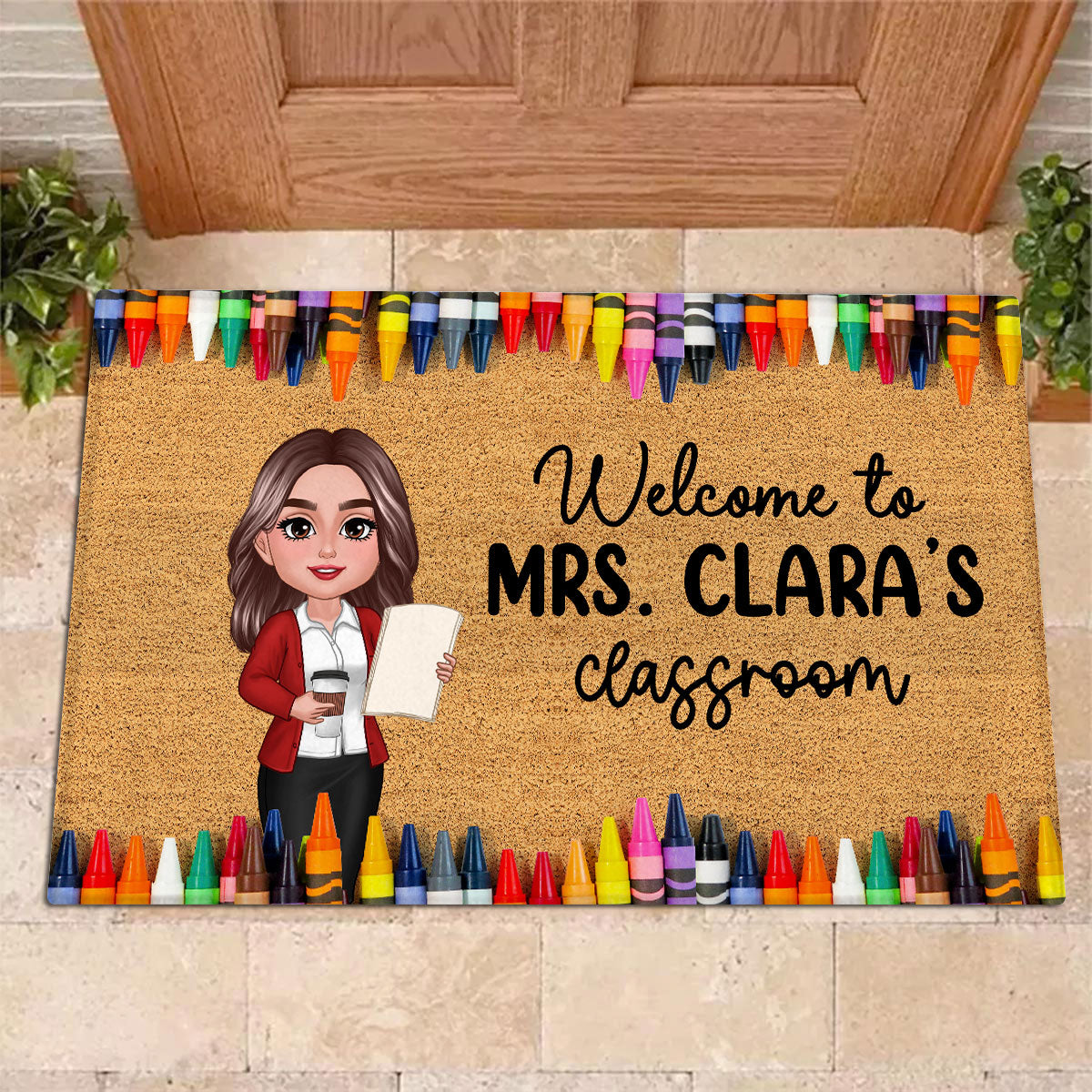 Teacher Classroom Crayon Border - Personalized Doormat - Back To School Gift, Classroom Decoration