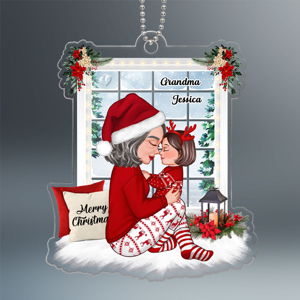 Grandma Holding Kid Side View Sitting By Christms Window Personalized Acrylic Ornament