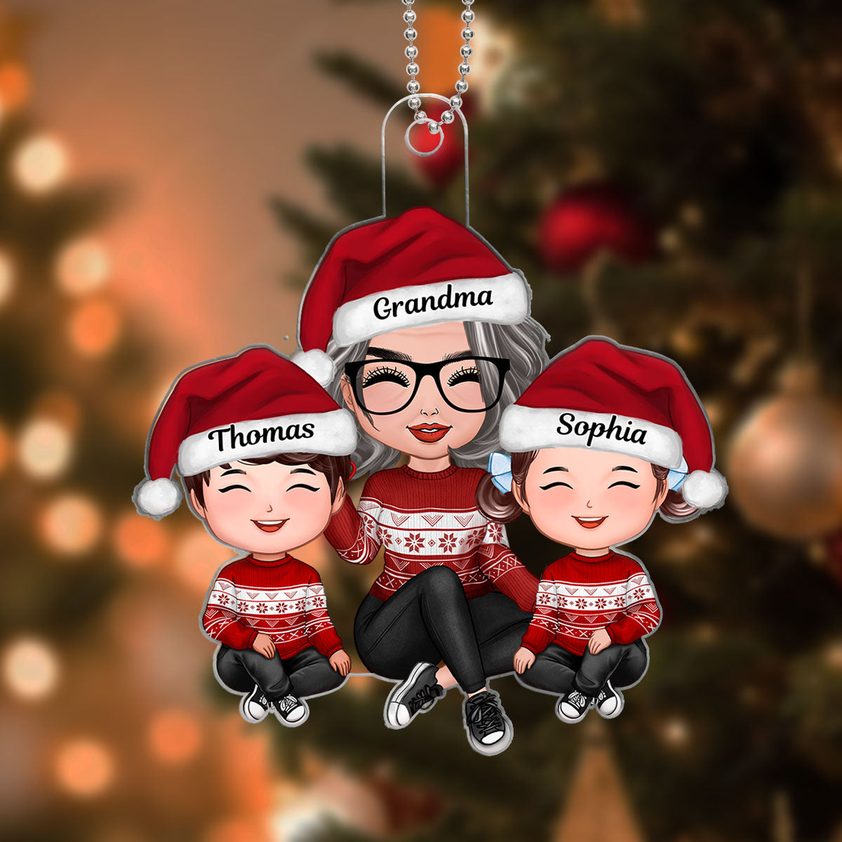 Grandma And Grandkids Sitting Happy Face Personalized Acrylic Ornament, Gift For Granddaughter, Grandson