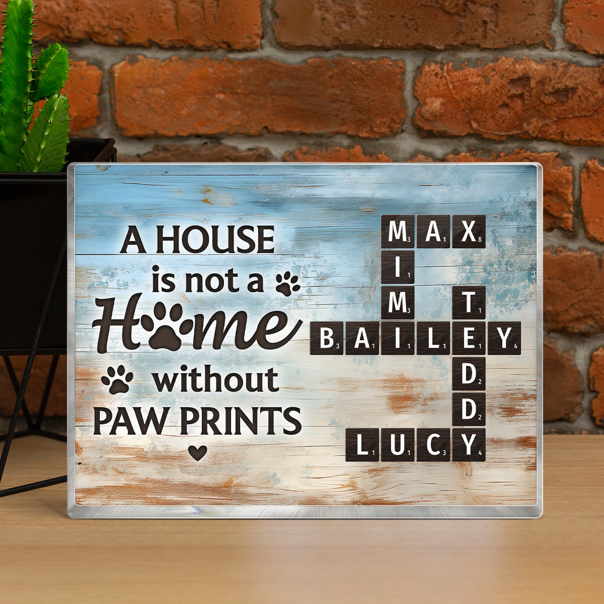 Home With Paw Prints Pet Crossword Puzzle Art Personalized Acrylic Block Plaque