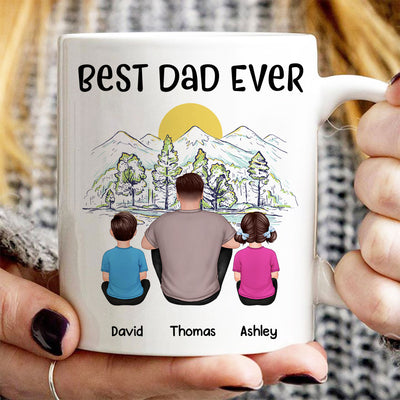 Best Dad Ever Mountain Sketch Back View Man Kids Dog Cat Personalized Mug
