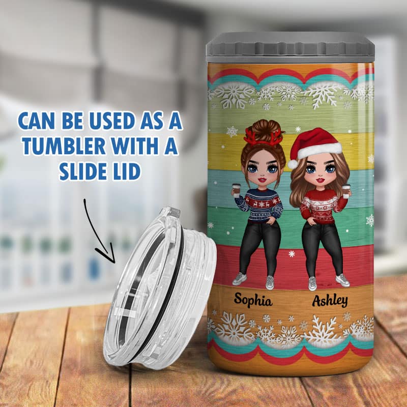 Besties Sisters Colorful Stripe Personalized 4 In 1 Can Cooler