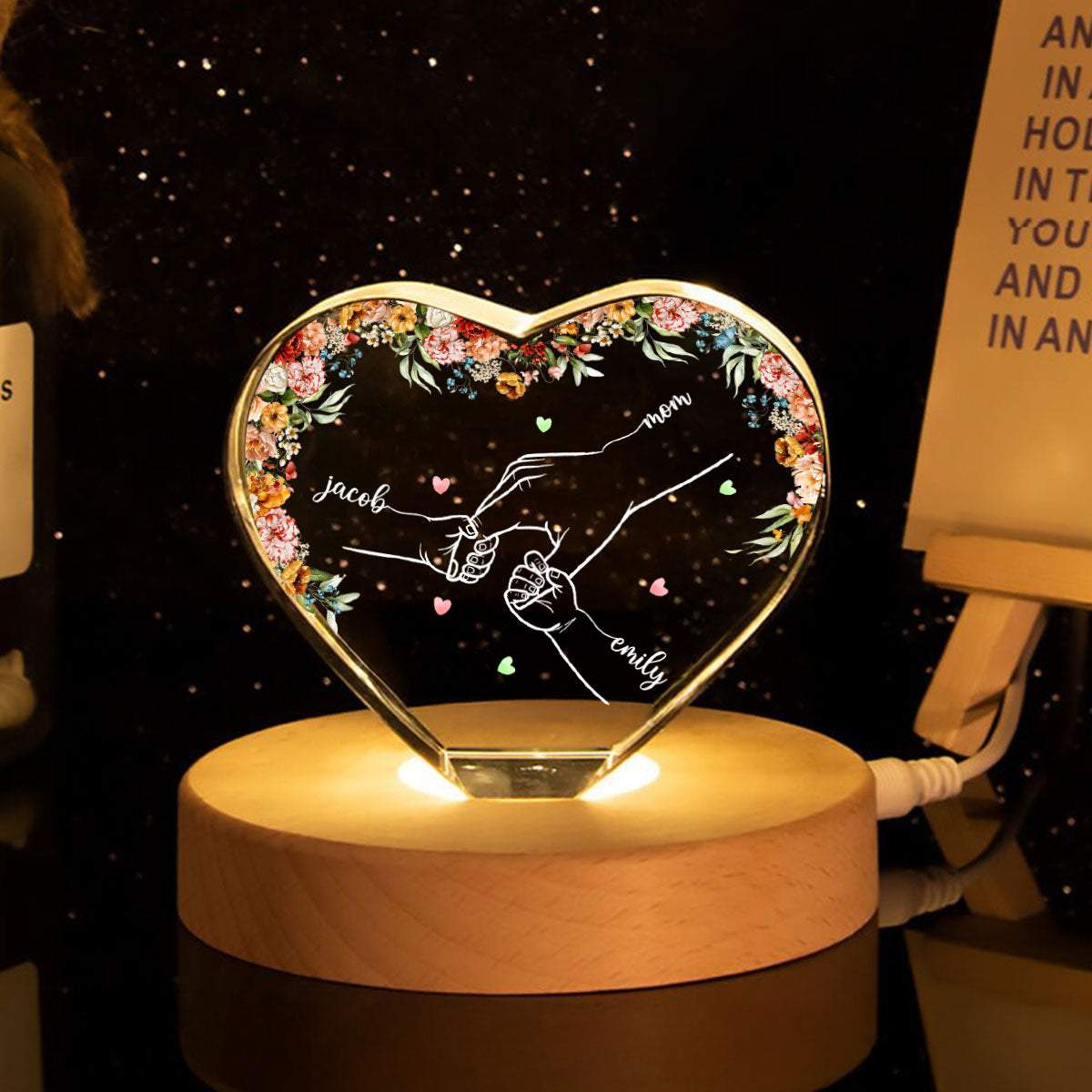 Personalized Name Mom And Kid Hands Premium Crystal Heart LED, A Timeless Treasure for Mom, Free Shipping Included