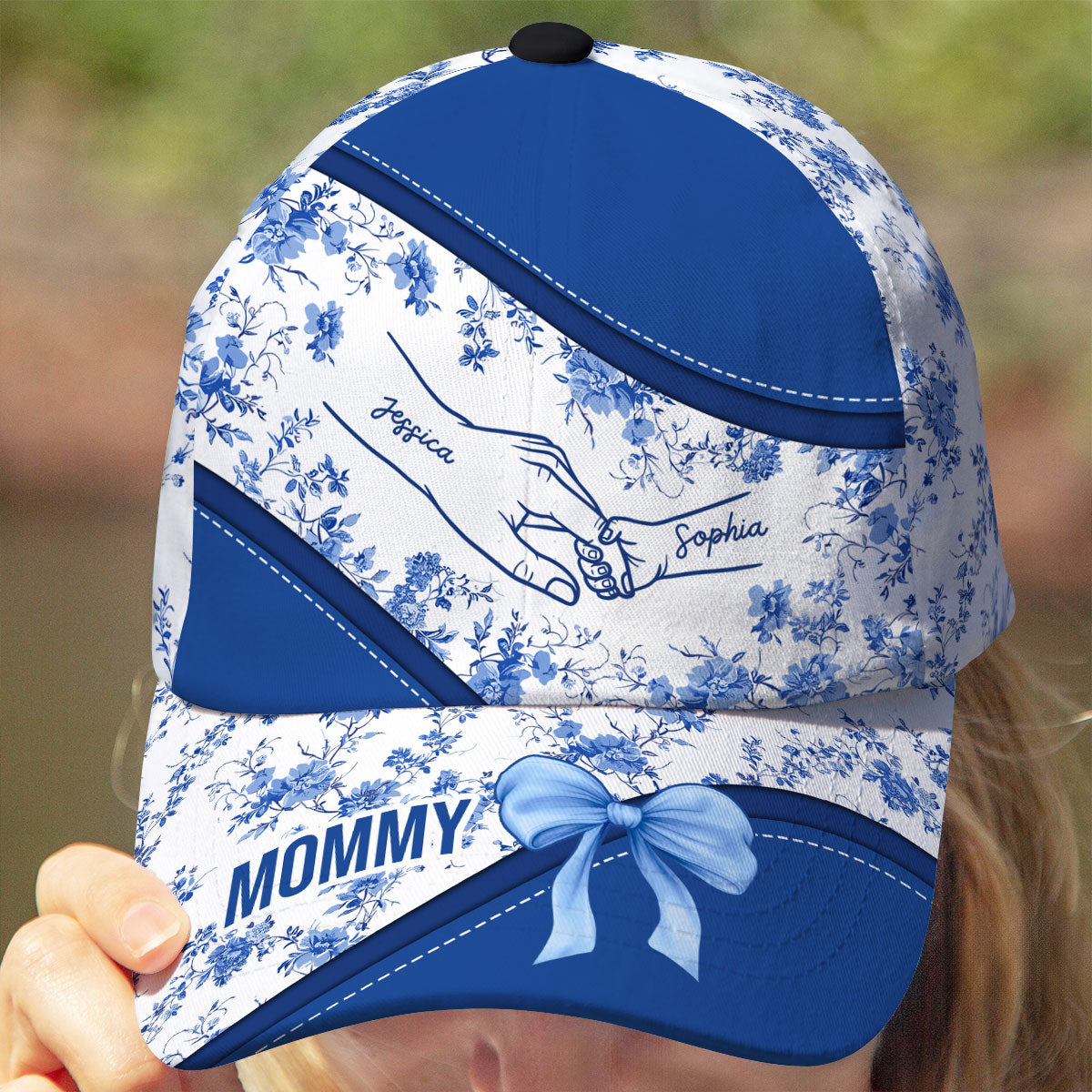 Grandma Mom Kids Holding Hands Bow Coquette Chinoiserie Personalized Classic Cap, Mother's Day gift
