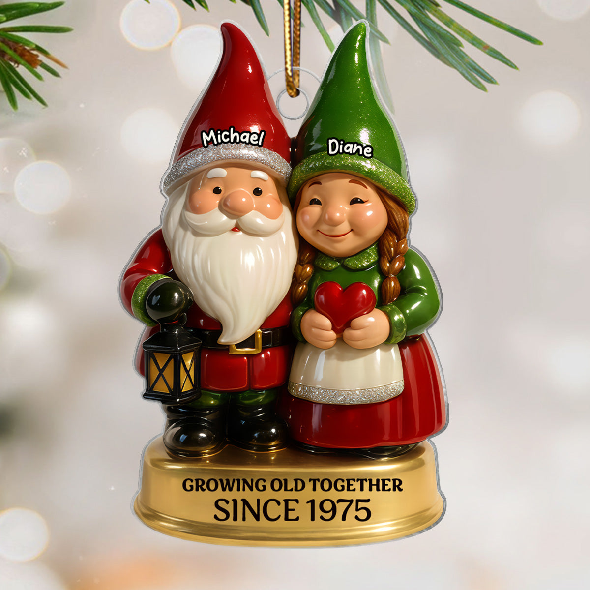 3D Effect Gnome Couple Vintage Nostalgic Christmas Personalized Flat Acrylic Ornament