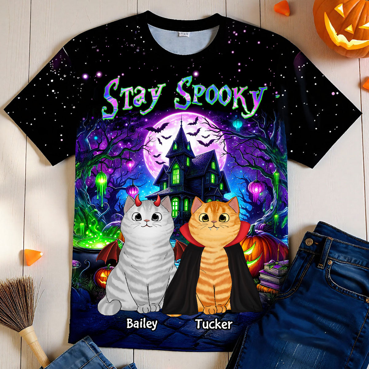 Cat Mom Halloween Dreamscape Background Personalized Shirt, Purrfect Costume for Cat Lover