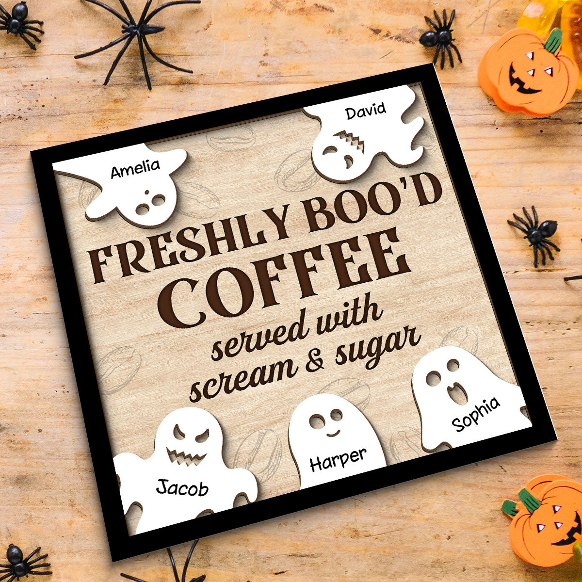 FRESHLY BOO'D COFFEE Ghost Family Personalized 2-Layer Wooden Plaque