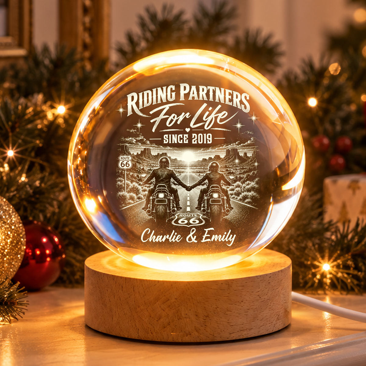 Biker Couple Riding Partners For Life - Personalized Crystal Ball LED Night Light - Christmas Gift For Biker Couple, For Him, For Her, For Husband, For Wife