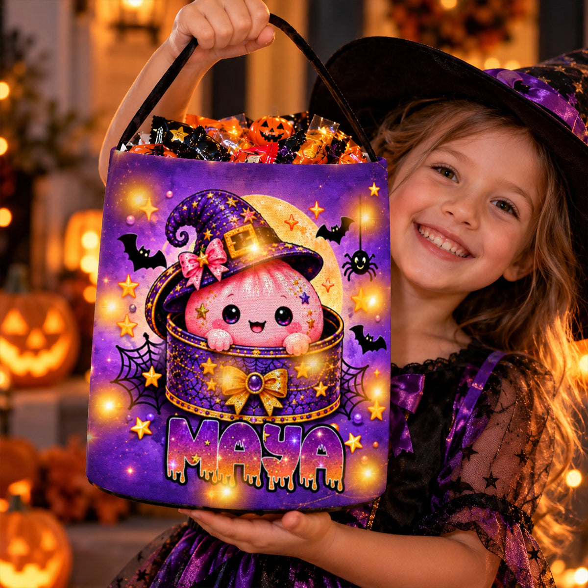 Kawaii Cute Halloween Dumpling - Personalized LED Trick or Treat Bucket - Custom Name Treat Bucket for Kids
