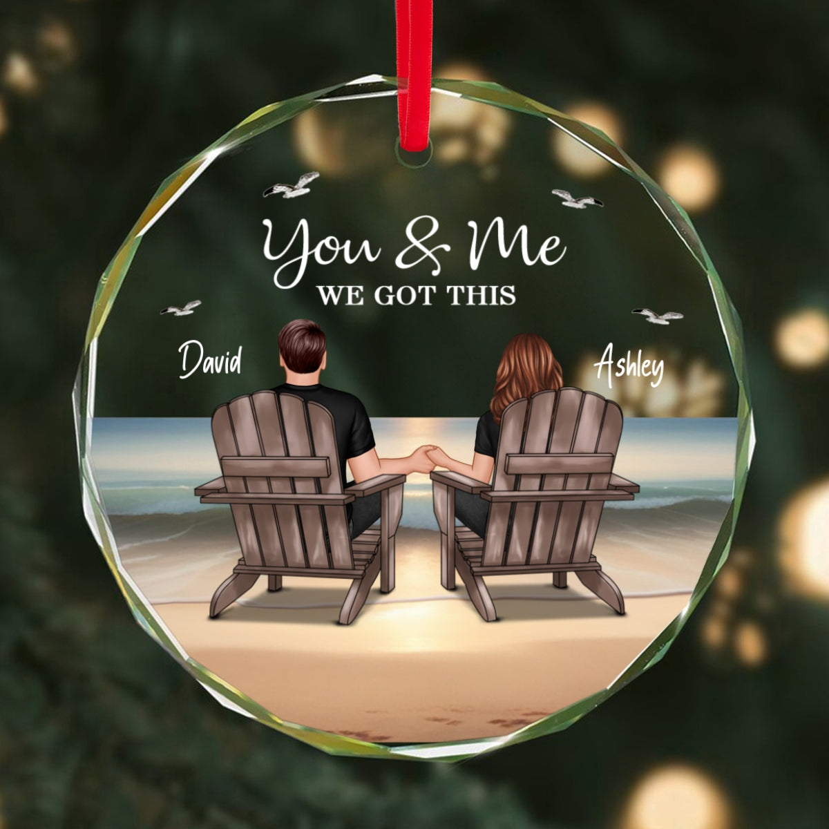 Couple Sitting Eternal Sunset Beach Personalized Circle Glass Ornament, Heartfelt Christmas Gift For Girlfriend, For Wife
