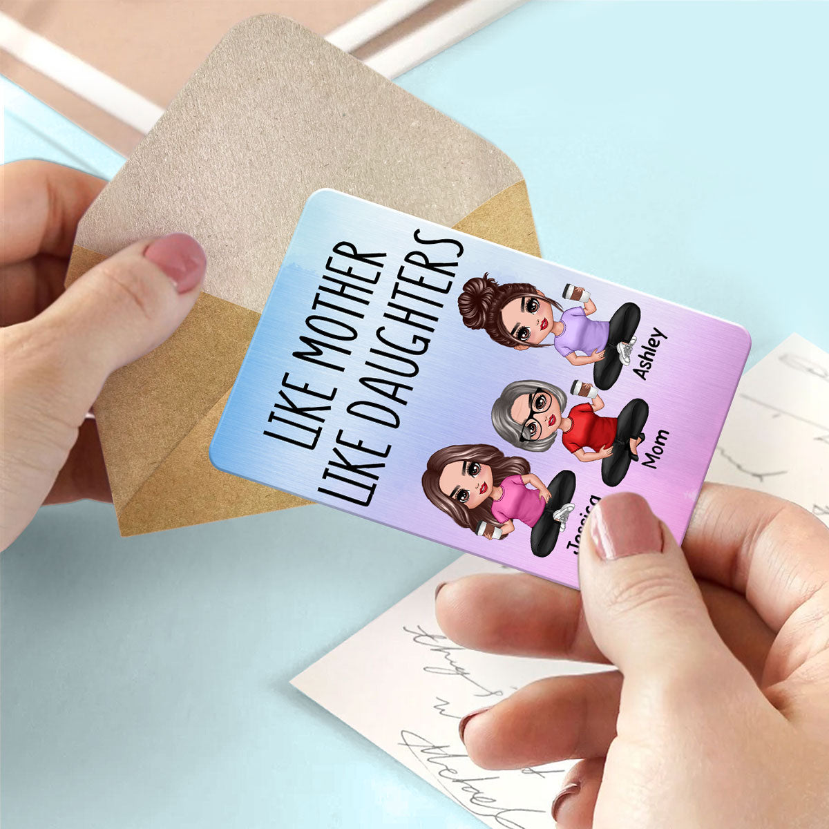 Like Mother Like Daughter Doll Women Sitting Wallet Insert Keepsake Personalized Metal Wallet Card