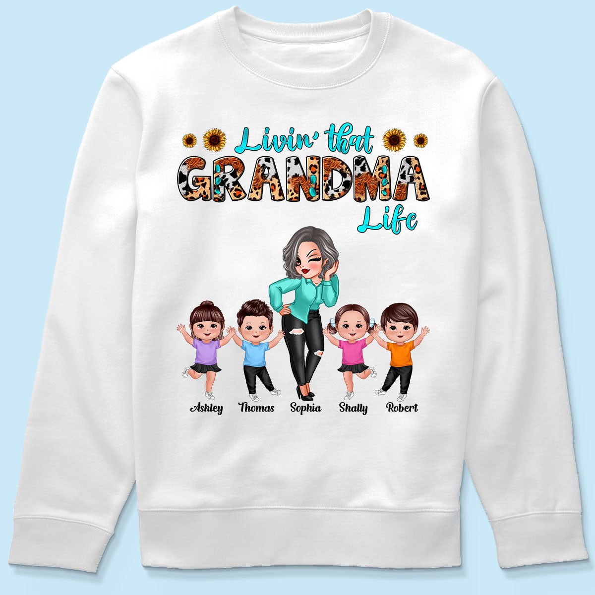 Teal And Leopard Livin‘ That Grandma Mom Life Personalized Shirt