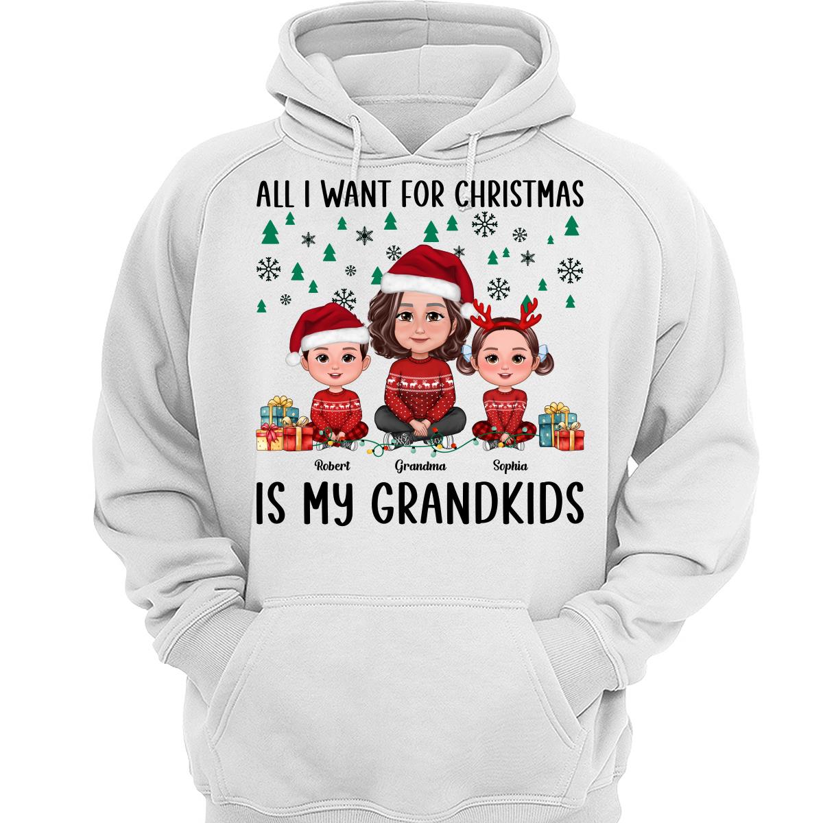 All I Want For Christmas Is My Grandkids Green Snow Flake Pine Tree Personalized Shirt