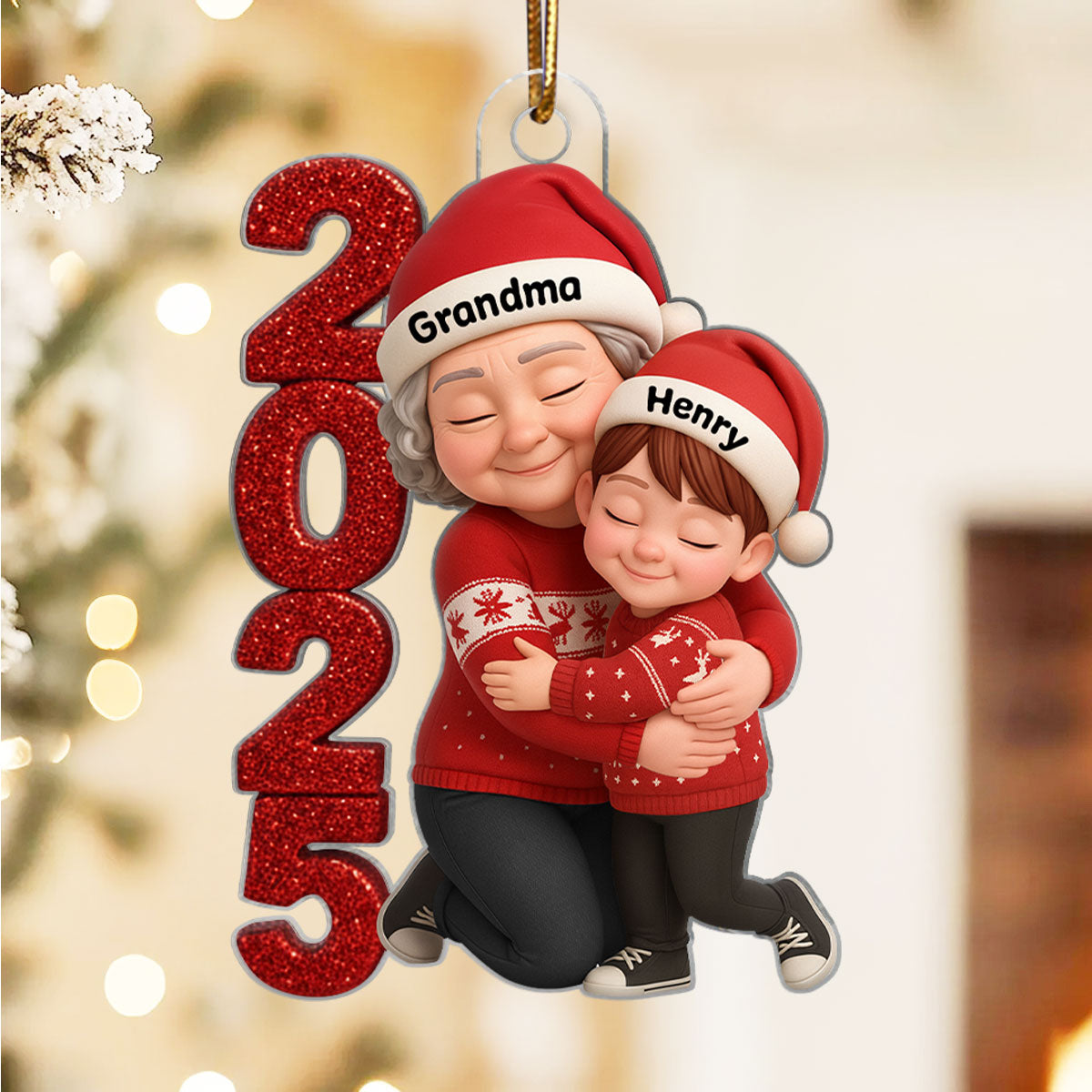 3D Crystal Effect 2025 Grandma Hugging Grandkids - Personalized Acrylic Ornament - Gift for Grandma, Grandkids