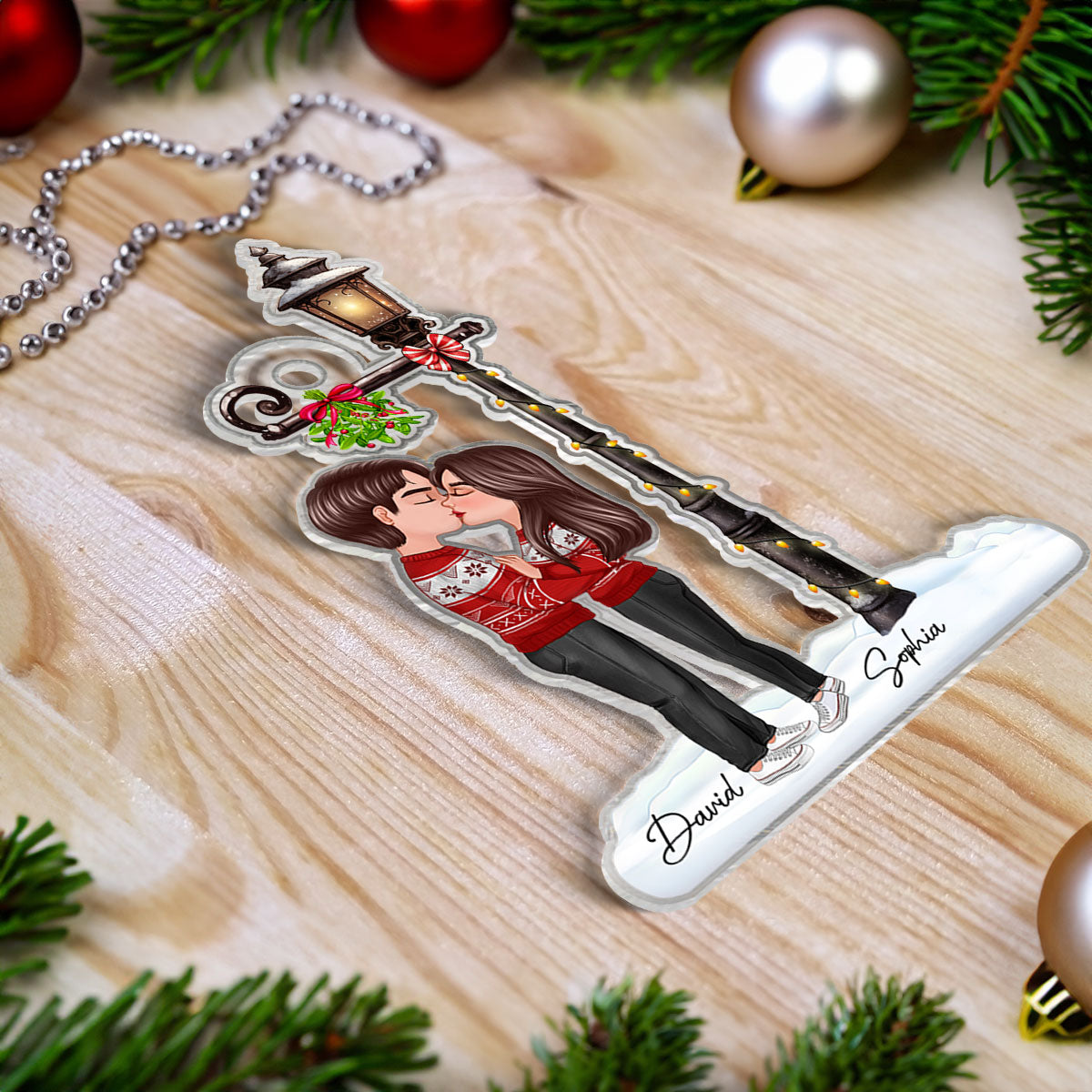 Couple Kissing Under Mistletoe Lamp Post Christmas Decor Personalized Acrylic Ornament