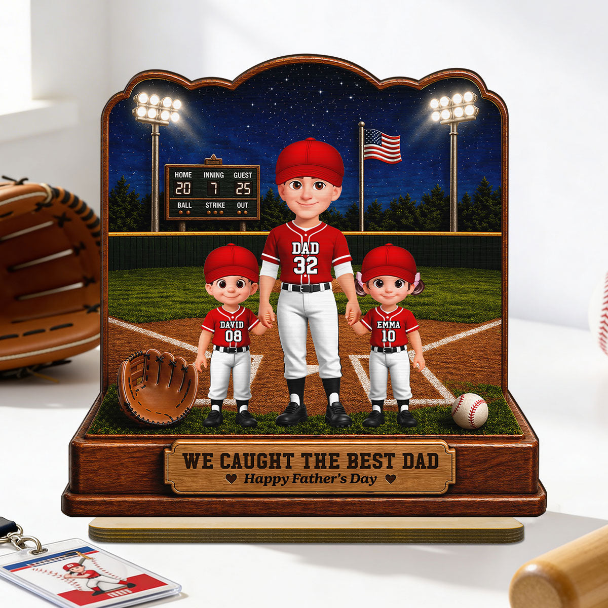 Baseball Dad And Kids Friday Night Lights We Caught The Best Dad - Personalized 2-Layered Wooden Plaque - Father's Day Gift For Dad