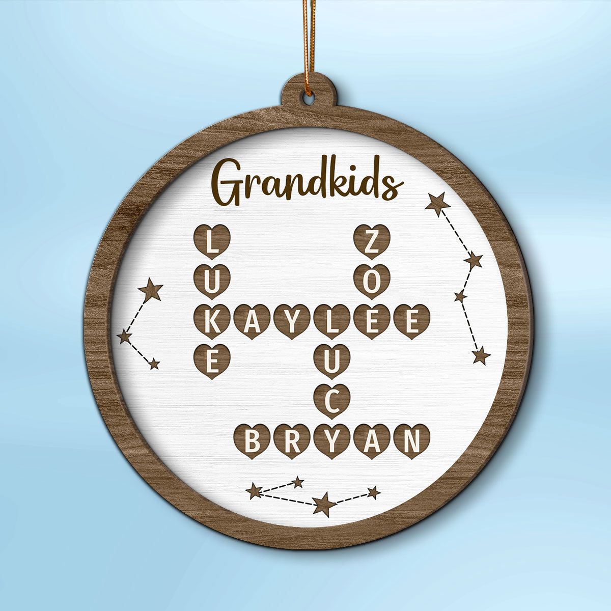 Grandkids Family Heart Crossword Art Puzzle Personalized 2-Layer Wooden Ornament
